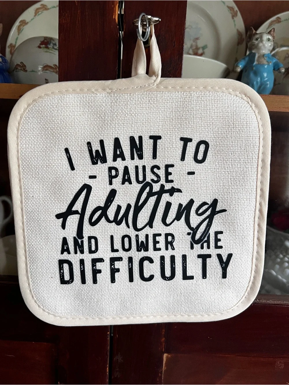 Humorous Cotton Pot Holder Set - Cream with Black Text